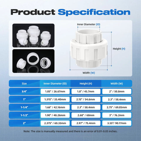 Specification chart of Two-Pack 1-1/2 Inch PVC Union Couplings Slip Joint Adapters Socket To Socket with Built-In EPDM O-Ring for plumbing.