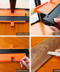 Lockable Contour Gauge Profile Tool Set 3 Pack 5 Inch And 10 Inch Duplicator Rulers Plastic Angle Finder with Push to Lock Mechanism in use for precise shape copying and cutting on wood surface in four steps: copy, lock, trace, cut.
