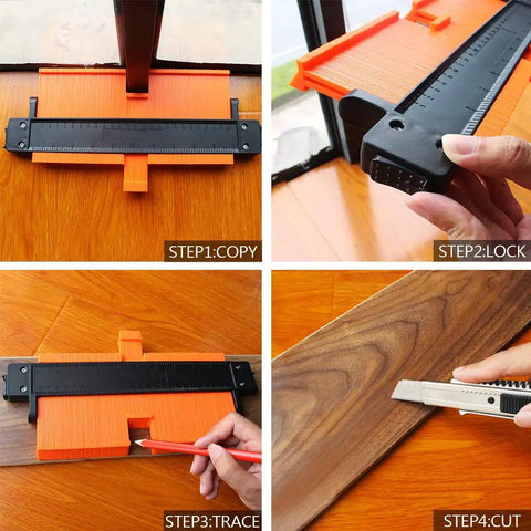 Lockable Contour Gauge Profile Tool Set 3 Pack 5 Inch And 10 Inch Duplicator Rulers Plastic Angle Finder with Push to Lock Mechanism in use for precise shape copying and cutting on wood surface in four steps: copy, lock, trace, cut.