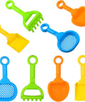 Eight Piece Kid Friendly Beach Sand Shovel Set with colorful plastic rakes and sifters for summer play, shown from above.