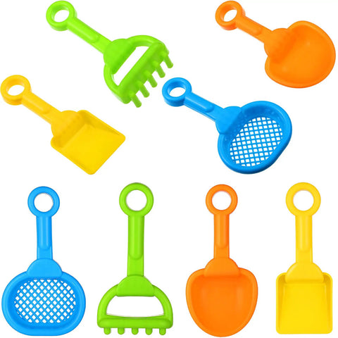 Eight Piece Kid Friendly Beach Sand Shovel Set with colorful plastic rakes and sifters for summer play, shown from above.