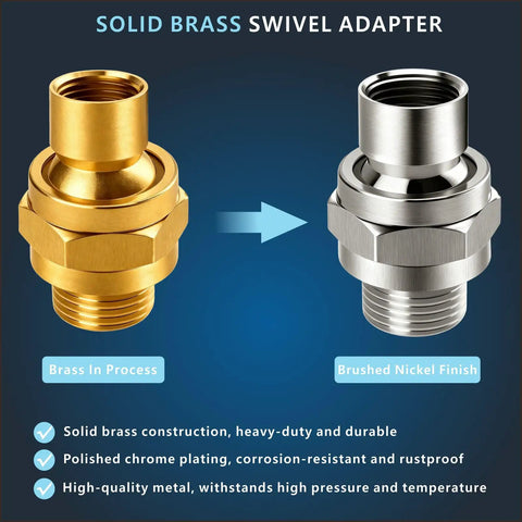 Solid Brass Shower Head Swivel Ball Joint Adapter For Adjustable Angle And Universal Connector Fits Fixed Handheld And Rain Showers Brushed Nickel Finish Easy Install, brushed nickel and brass