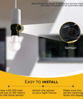 Auto On At Sunset Auto Off At Sunrise Dusk to Dawn Sensor for Indoor and Outdoor Lighting shown with LED bulb installation guide