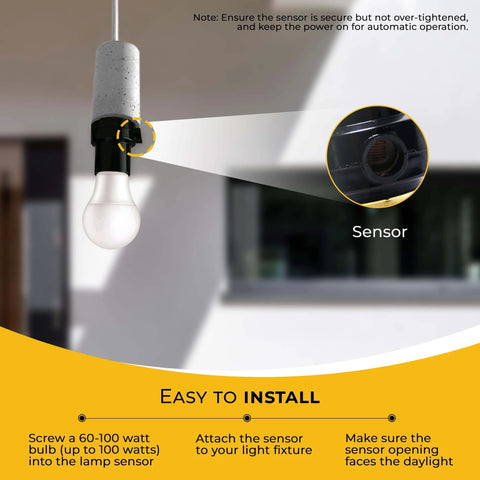 Auto On At Sunset Auto Off At Sunrise Dusk to Dawn Sensor for Indoor and Outdoor Lighting shown with LED bulb installation guide