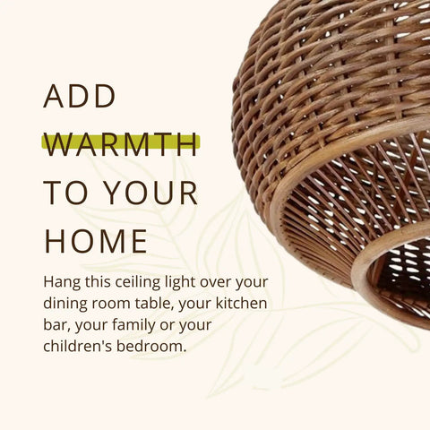 Close-up of Wicker Pear Pendant Light with Bamboo Ball Design showing woven detail and text about adding warmth to your home.