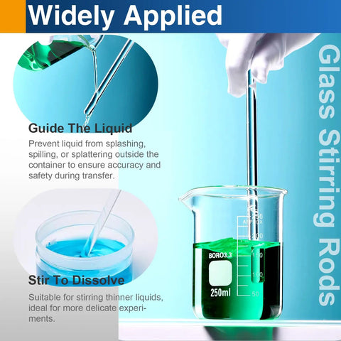 12 Pieces Pro-Grade Borosilicate Glass Stirring Rods Set, 6 Inch By 5 mm Round End, Heavy Duty Lab And Kitchen Stirring Rods With High Heat Resistance Up To 297 Degrees Fahrenheit, Ideal For Experiments And Cooking. Used to guide liquid into a beaker