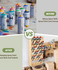 Comparison of messy spray paint area versus organized setup with 6 Tier Wall Mount Can Rack For 24 Spray Paint Or Lube Cans