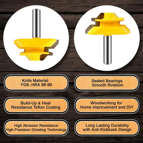 45 Degree Lock Miter Router Bit Set for Tongue and Groove, One Half Inch Shank, Yellow Carbide Cutters with Smooth Rotation