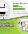 Printable vinyl sticker paper for inkjet and laser printers, matte white, front view printer printing colorful stickers