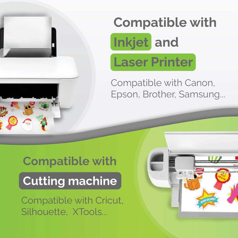 Printable vinyl sticker paper for inkjet and laser printers, matte white, front view printer printing colorful stickers