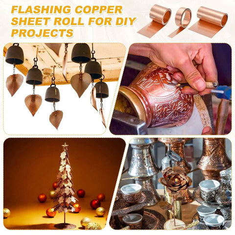 Copper Sheet Roll 3.28ft 1.57in 0.05mm Pure Copper Flashing Plate For Roofing DIY Projects Waterproof Malleable Rustproof Metal Foil For Jewelry Craft And Home Repairs in various DIY craft projects, including wind chimes and embossed metalwork.