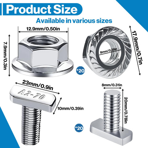 Built Tough 20 Pack M8x20mm T Slot Bolts Crafted From 304 Stainless Steel Zero Rust Industrial Hardware For Solar Mounting Aluminum Extrusions And Warehouse Rack Systems Badass Durability Guaranteed product size details with measurements.