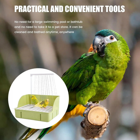 Spacious Expandable Indoor Bird Bath Fountain With Automatic Circulating Faucet And USB Pump Large Bird Bath For Parrots And Small Birds Easy Clean Green with image of parrot on tree.