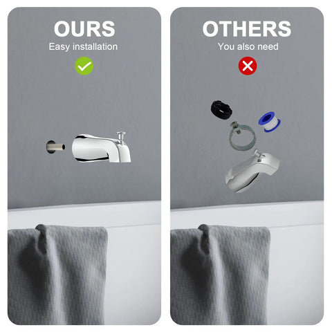 Comparison showing Slip On Tub Spout With Diverter For Five Inch Tub Chrome Finish Fits One Half Inch Copper Pipe installation ease.