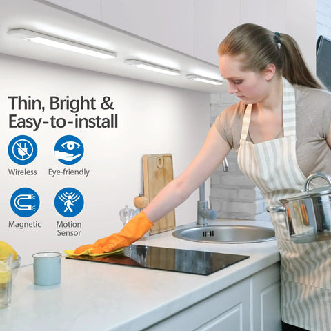 Under Cabinet Motion Sensor Lights 3 Pack Magnetic Rechargeable Bar Wireless Stick On in a kitchen setting