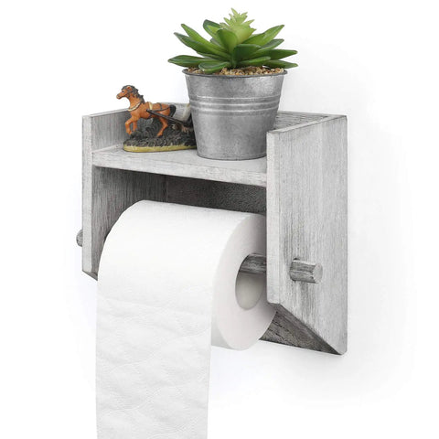 Rustic White Wood Wall Mounted Toilet Paper Holder With Storage Shelf Vintage Style Paper Roll Rack for Bathroom or Kitchen with phone shelf