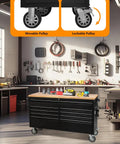 61-Inch Heavy-Duty Rolling Tool Chest And Mobile Workbench With 9 Drawers, Rubber Wood Tabletop, Wheels, in a workshop setting.