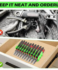 Pliers Organizer Rack With 10 Slots For Pliers And Cutters Non Slip Rubber Base Keeps Your Tools Neat Versatile Tool Storage For Drawer Use Extending Pliers Holder Fits 3 Inch And Above Drawers Green shown in a drawer with pliers neatly arranged