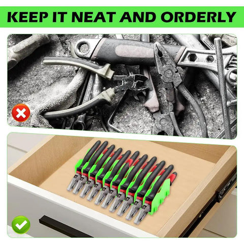 Pliers Organizer Rack With 10 Slots For Pliers And Cutters Non Slip Rubber Base Keeps Your Tools Neat Versatile Tool Storage For Drawer Use Extending Pliers Holder Fits 3 Inch And Above Drawers Green shown in a drawer with pliers neatly arranged