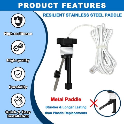 Flow Switch GLX-FLO-RP Replacement for Goldline Aquarite Salt System, stainless steel paddle and cable, product features listed