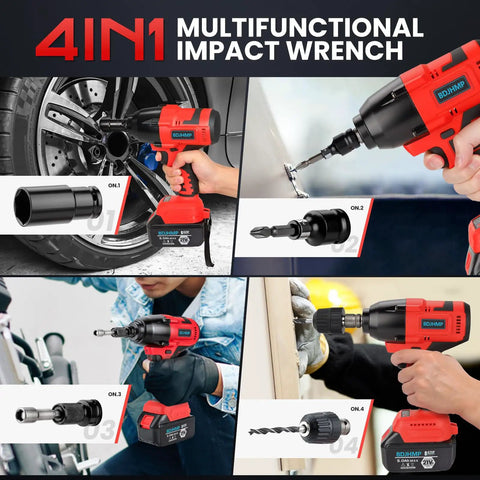 18V Brushless Cordless Impact Wrench Serving Up 1106 FT Lbs Of Killer Torque 1/2 Inch Drive 3200 Max RPM with multiple attachments.