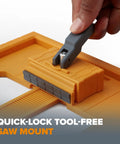 Hand using quick-lock tool-free mechanism on NGX Saw Plate RT Circular Saw Guide for straight cuts, adjustable fit.