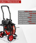 Heavy Duty 550W Drain Cleaning Machine Crushes Stubborn Clogs Like Butter With 100 Ft Steel Cable And Built In GFCI Protection shown with product dimensions.