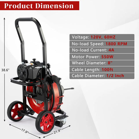Heavy Duty 550W Drain Cleaning Machine Crushes Stubborn Clogs Like Butter With 100 Ft Steel Cable And Built In GFCI Protection shown with product dimensions.