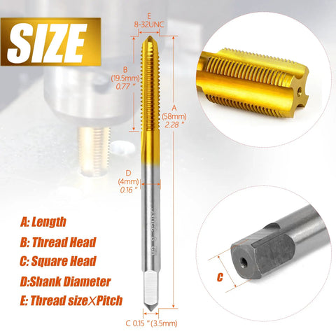 Two Piece 8-32 UNC Thread Tap Set For Metalworking M2 High Speed Steel Right Hand Milling Tap With Titanium Plating, dimensions shown