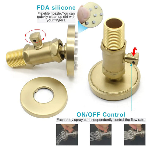 Solid Brass Shower Body Jets With Adjustable Flow For High Pressure Massage Round Spa Spray Jets For Concealed Wall Mounting Brushed Gold Finish Independent On Off Control 4 Pack Great For A Home Spa Upgrade, showing gold finish with silicone outlets and control valve.