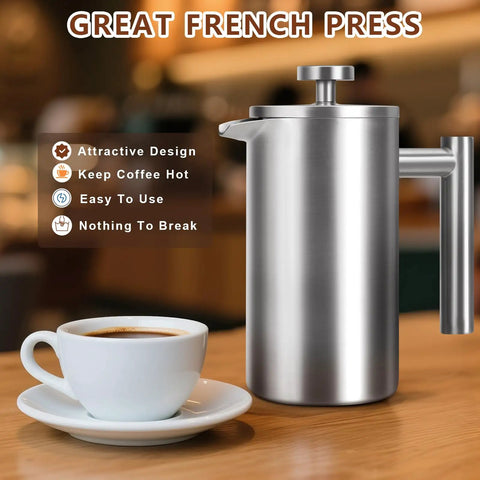 34 Oz Double Wall Stainless Steel French Press Coffee Maker With Insulated Brew System 1 Liter Capacity Serves 4 To 8 Cups