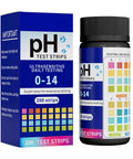 Box and bottle of 200 Count pH Test Strips 0-14 Universal Litmus Paper for Liquid Testing Water Saliva Aquariums Labs