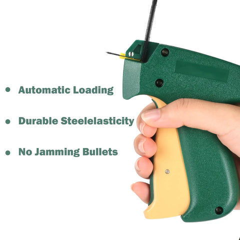 Hand holding Mini Stitch Gun For Clothes Quick Hemming And Repair Tool with Two Needles, showing automatic loading feature.
