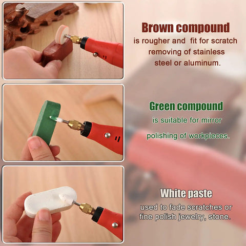 Image showing three types of compounds used with a rotary tool from the 140 Piece Polishing Kit for Rotary Tools With One Eighth Inch Shank Includes Buffing Wheels and Polishing Compounds for Metal Wood Jewelry Resin Glass and More A Dope All In One Setup For DIY Projects.