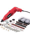 Rock Solid 130W Corded Rotary Multi Tool Kit For Cutting Drilling Engraving And Polishing With Dremel Compatible Bits and accessories laid out.