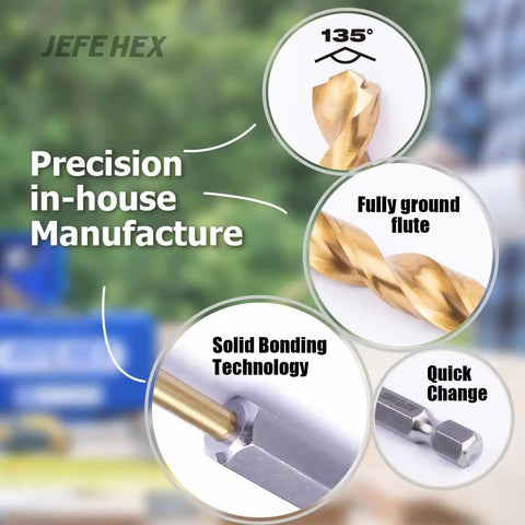 Detail of 24 Piece Hex Shank Drill Bit Set For Impact Driver Titanium Coated HSS Bits showing 135° split point and quick change feature.