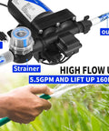 Heavy Duty 110 Volt Electric Water Transfer Pump Pushes 5.5 Gallons Per Minute At 75 PSI with strainer and hose attachment.