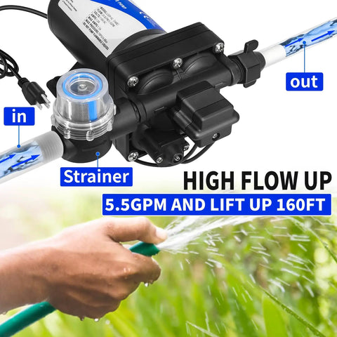 Heavy Duty 110 Volt Electric Water Transfer Pump Pushes 5.5 Gallons Per Minute At 75 PSI with strainer and hose attachment.