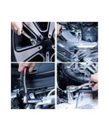 Top Shelf Chrome Vanadium Socket Wrench Set With Ratchet Handle And Extension Bar For Home Repair Precision Metric Sockets in use on car wheels and engine.