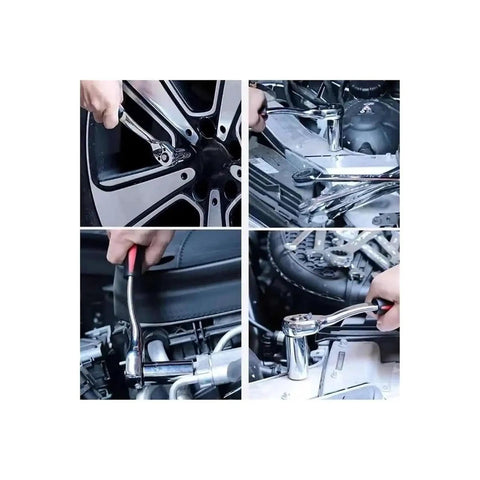 Top Shelf Chrome Vanadium Socket Wrench Set With Ratchet Handle And Extension Bar For Home Repair Precision Metric Sockets in use on car wheels and engine.