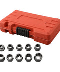 Beefy Half Inch Bolt Extractor Socket Set For Stripped Bolts 11 Piece Nut Remover Tool Kit CR MO Steel Auto Marine Machinery Drive Kit With Easy ID Marks Ready To Tackle Automotive Repairs in red carrying case with sockets displayed