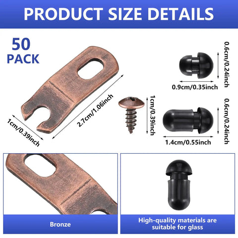 Rock Solid Antique Bronze Glass Retainer Clips Bundle Arrives Fully Loaded With All Needed Screws And Snug Silicone Sleeves For Zero Hassle Cabinet Door Setup And Dependable Everyday Performance, showing size details and materials.