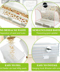 Real Deal Automatic Bird Feeder With Super Slick Waste Catcher And Split Bowl Design For Cockatiel Parrot And Parakeet Cage Accessories Totally Hassle Free Setup Two Pack showing easy filling, semi-enclosed baffle, and installation features.