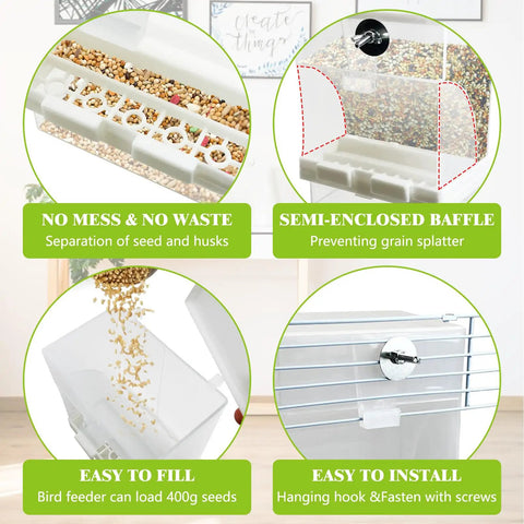 Real Deal Automatic Bird Feeder With Super Slick Waste Catcher And Split Bowl Design For Cockatiel Parrot And Parakeet Cage Accessories Totally Hassle Free Setup Two Pack showing easy filling, semi-enclosed baffle, and installation features.