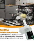 Open dishwasher with OEM Dishwasher Water Inlet Valve 628334 00628334 Replacement displayed in foreground.