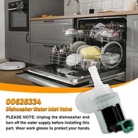 Open dishwasher with OEM Dishwasher Water Inlet Valve 628334 00628334 Replacement displayed in foreground.