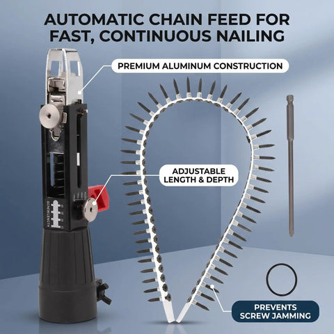 Heavy Duty Electric Drill Adapter For Automatic Chain Nailing Adjustable Screw Depth Woodworking Setup Slays Drywall Boards On Lumber Projects Without Breaking A Sweat, featuring premium aluminum construction and adjustable length.
