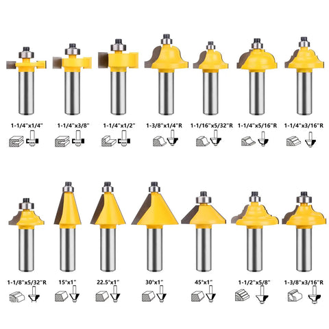 70 Piece Half Inch Shank Tungsten Carbide Router Bit Set displayed with various profiles and sizes, for woodworking precision.