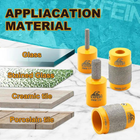 Stained Glass Grinder Bits Set With Diamond Heads In 1/8 Inch, 1/4 Inch, 3/4 Inch And 1 Inch Core, yellow steel bodies, for glass crafting.