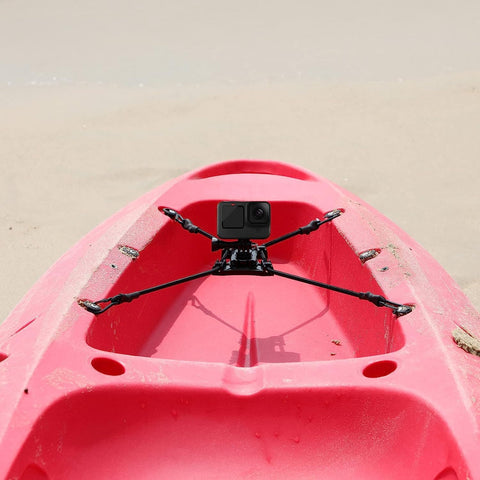 Backstop Chain Link Fence Camera Mount for GoPro iPhone Mevo on red kayak on beach, ideal for sports recording.